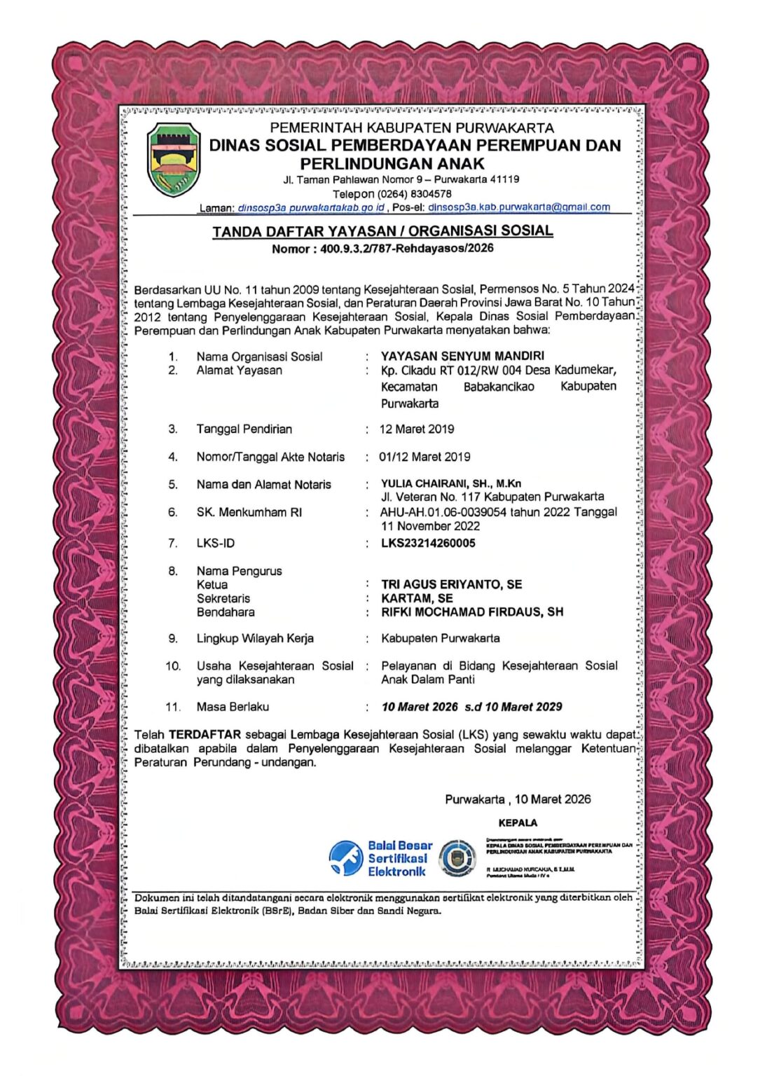 Surat Tanda Daftar LKS Senyum Mandiri